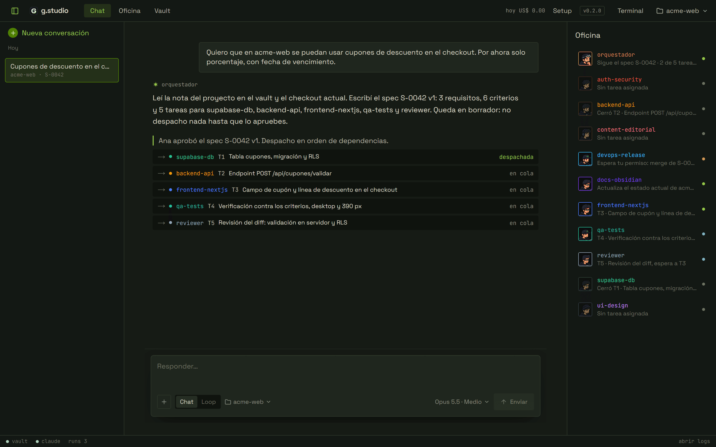 g.studio chat where the orchestrator dispatches T1 to supabase-db and queues T2 to T5. On the right, the office with each expert's task.