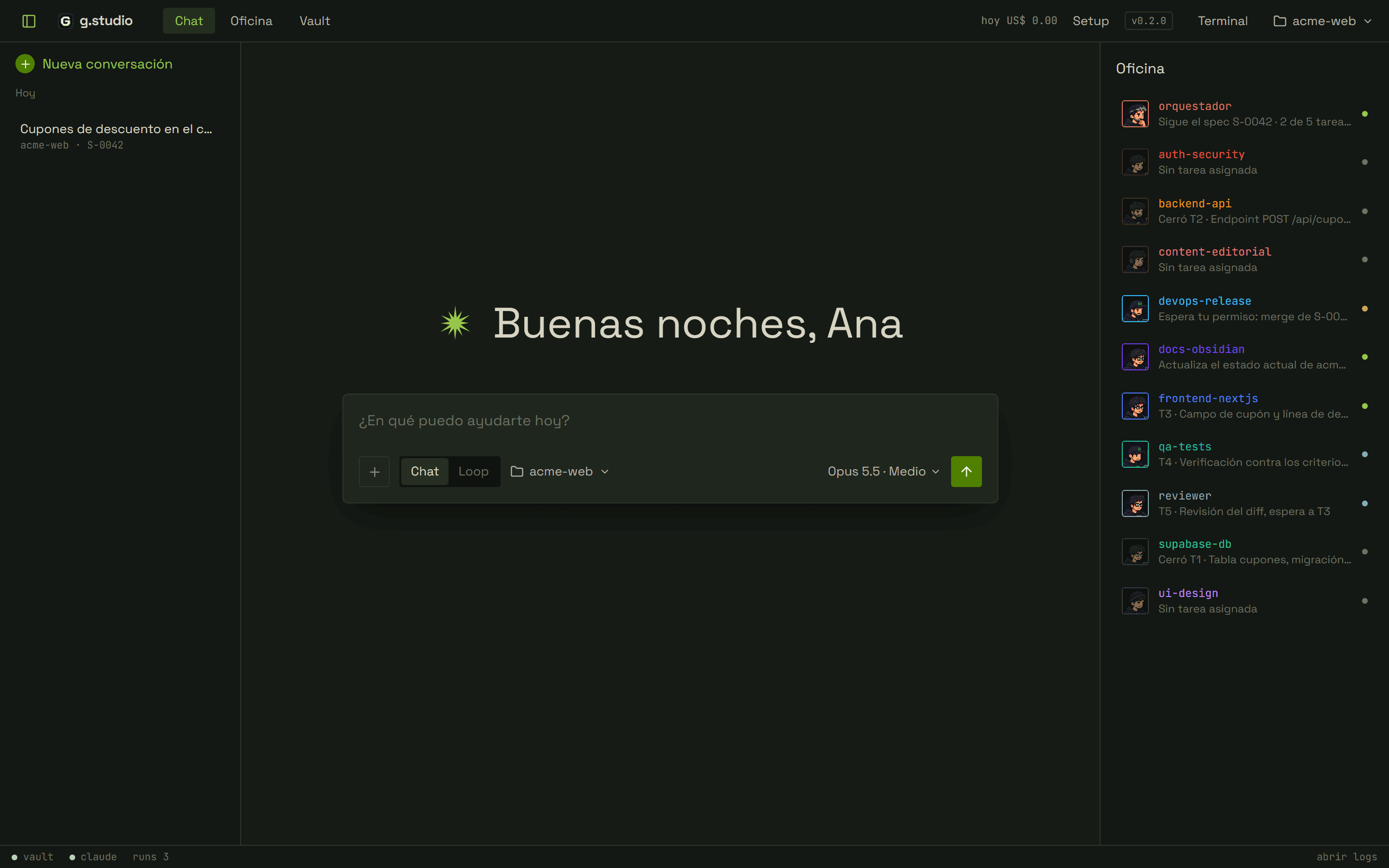 g.studio home screen with a greeting to Ana and the first-request field for acme-web. On the right, the office list with each expert's task.